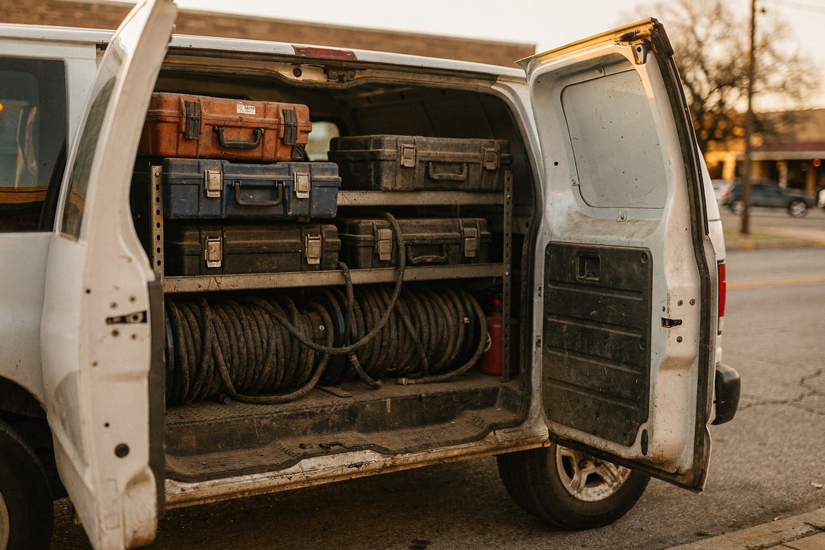 Organized van interior with tool cases, duotone photograph