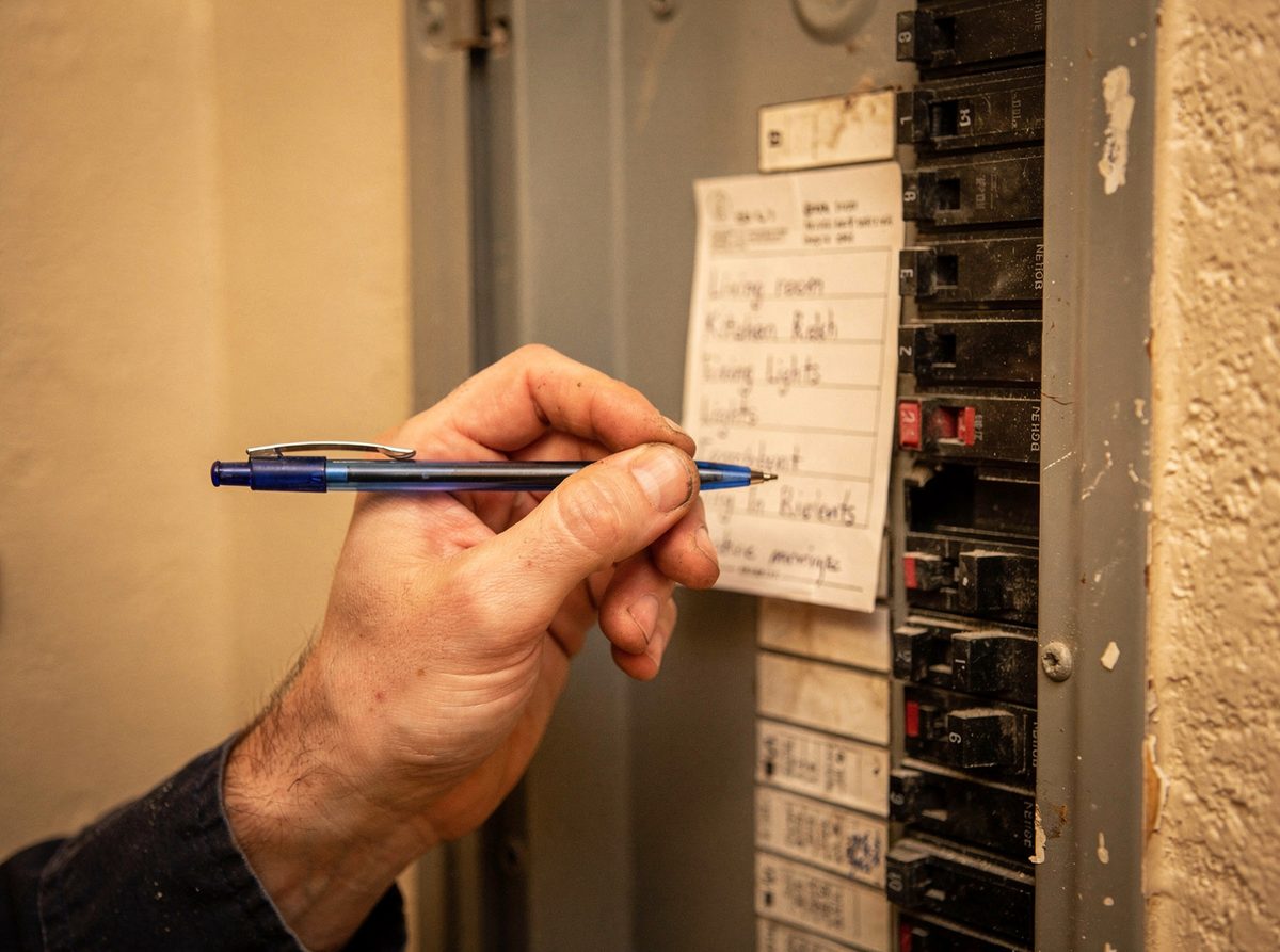 Hand writing a new directory on a breaker panel door
