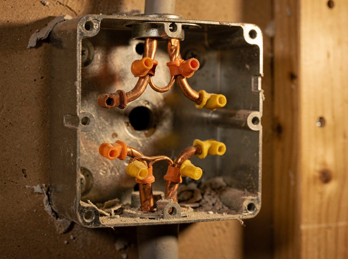Junction box with wire nuts on freshly twisted conductors